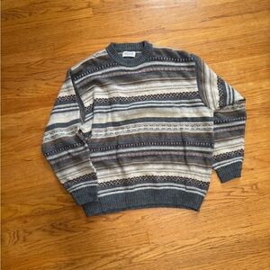 Vintage United Colors Of Benetton Sweater Size L Italy Wool Striped Gray Cream